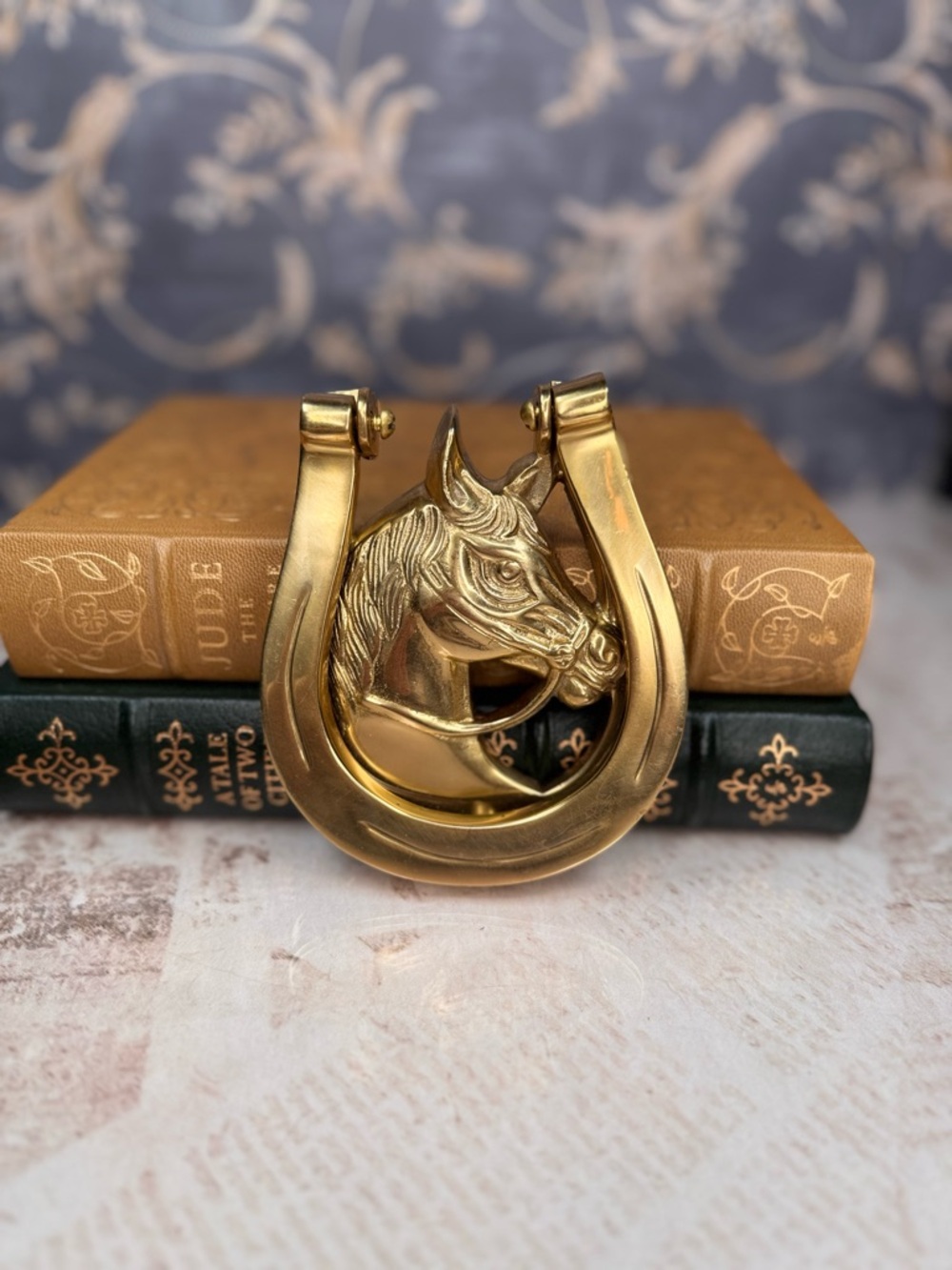 Heavy Brass Horse Head Door Knocker Horseshoe Equestrian Decor